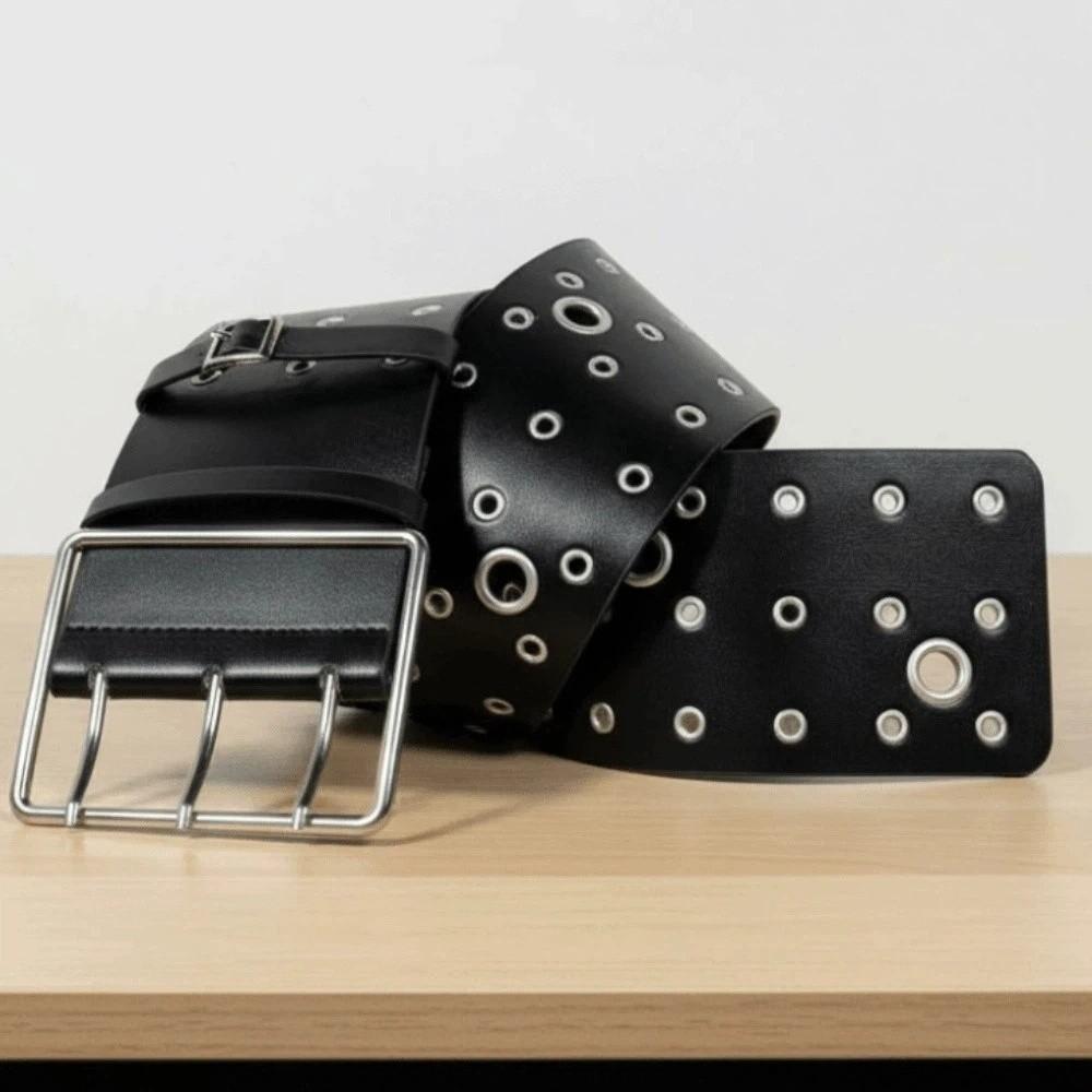 Personalized Design Hollow Rivet Wide Belt Three Row Needle Buckle Black Leather Waistbands  Party