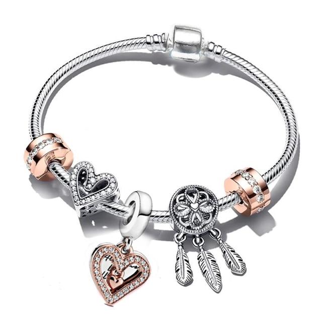 European Heart-shaped Pendant Charm Bracelet Fit Women's Jewellery Snake Chain Rose Gold Metal Fashion Fine Bracelets