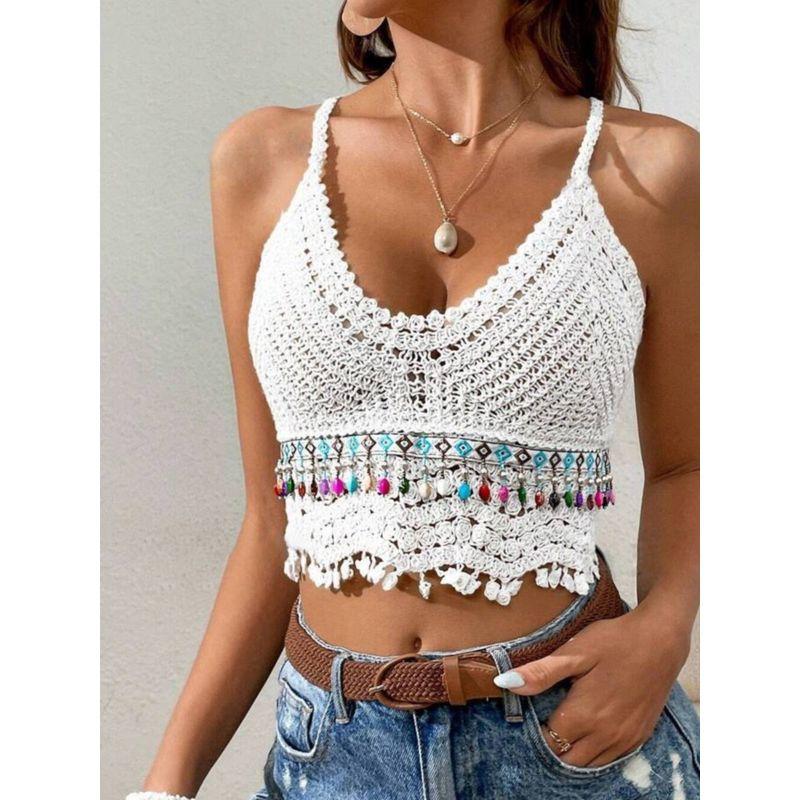 Small Summer Fashion U-Collar Multicolored Tassel Dangling Beads Hand Crocheted Hollow Camisole Short Tops