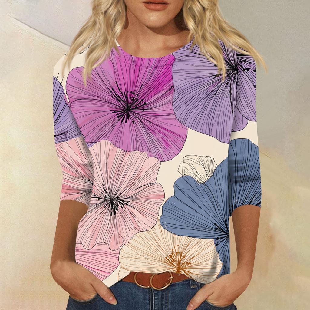 Women's Fashion Casual Round Neck Three-quarter Sleeve Retro Floral Print T-shirt Top
