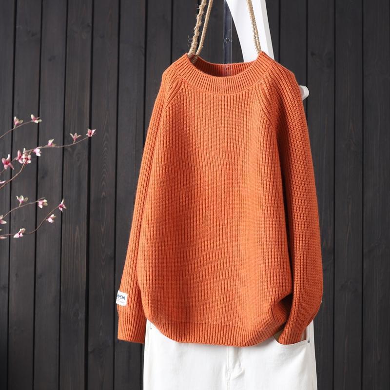 

Женский свитер свободной вязки с круглым вырезом осень/зима 2024 года: Простой однотонный свитер с длинными рукавами 2XL