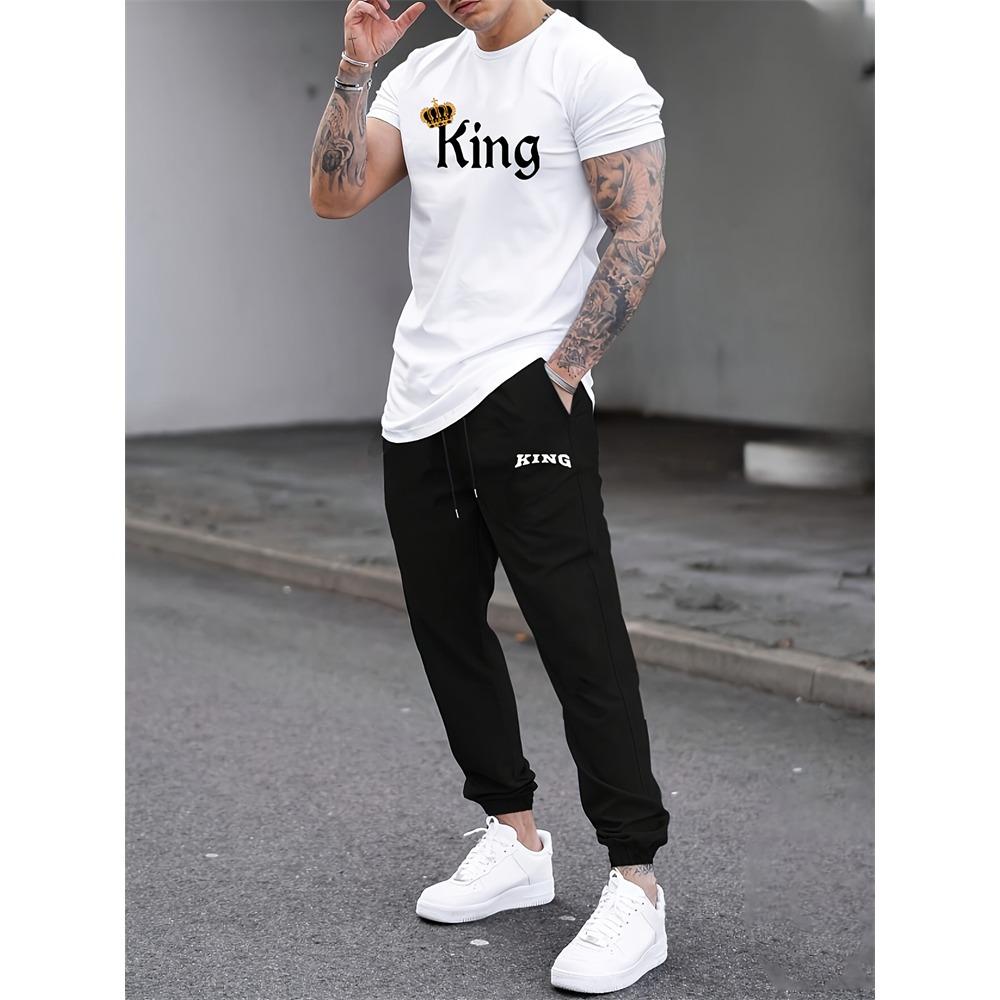 

2 Piece Regular Fit Men s Jogger Pants Letter Printed Men s Short Sleeve T-Shirt Set Street Outdoor Casual Fashion Set S