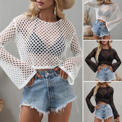 Women's Knitted Summer Coverup Solid Color Round Neck Bell Sleeve Pullover Beachwear Mesh Bikini Cover Up for Beach Vacation Daily Outfits