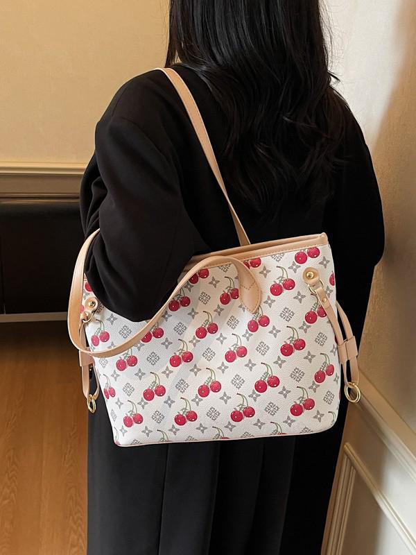 Cherry Print Denim Handbag - High-Quality, Large Capacity Commute Tote Shoulder Bag, 2025 Fashion.