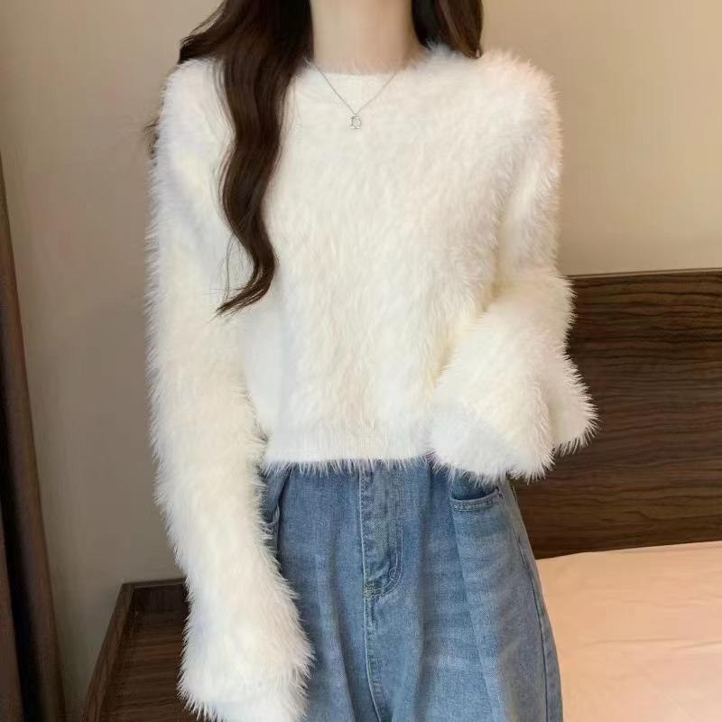 Ladies Autumn Winter Long Sleeve O Neck Pullover Solid Color Knitted Plush Blouse Sweater Top
