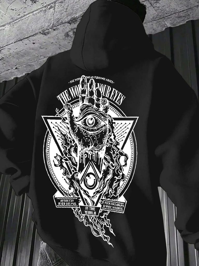 Men's Autumn/Winter Fleece-Lined Hoodie – Quirky "Eye-in-Hand" Print – Versatile, Loose-Fit Casual Athletic Hoodie