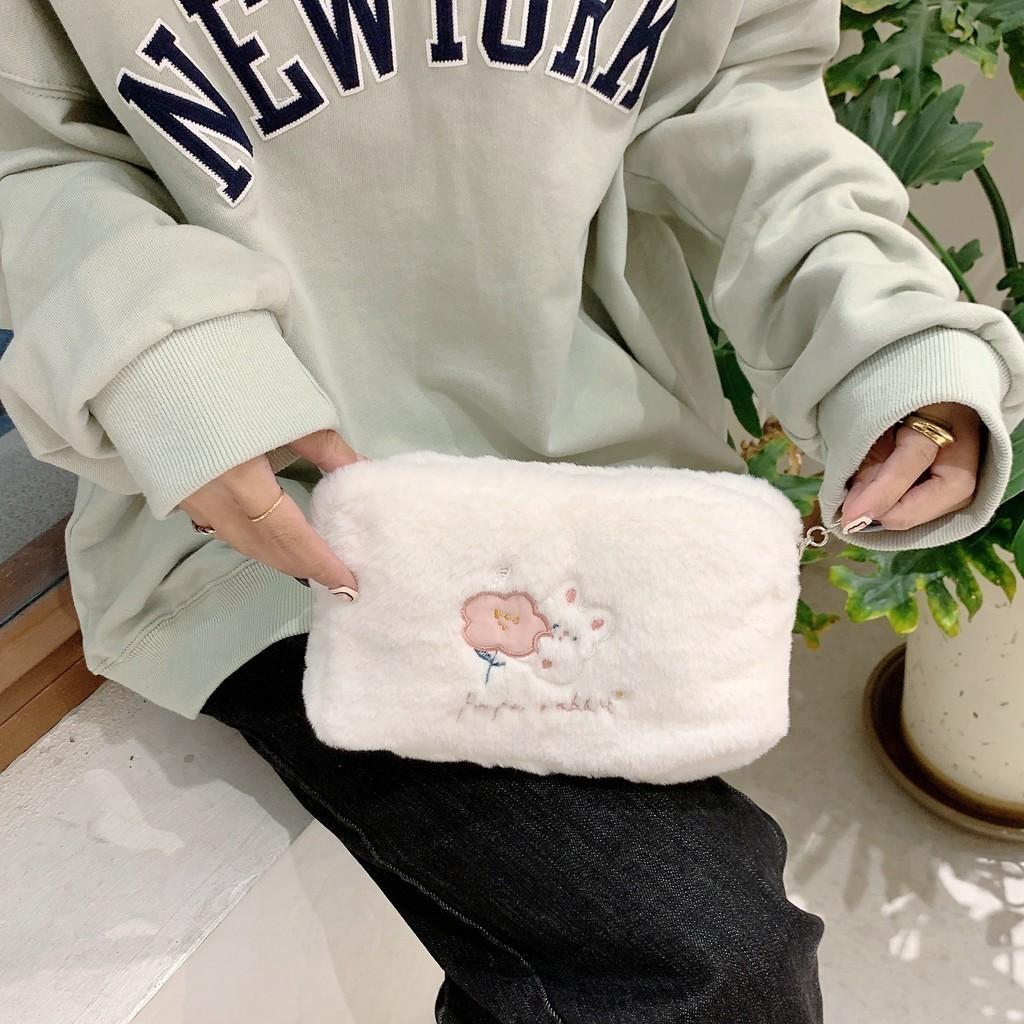 Cute Cartoon Embroidered Makeup Bag With Plush Material For Women Daily Use Soft Small Bag