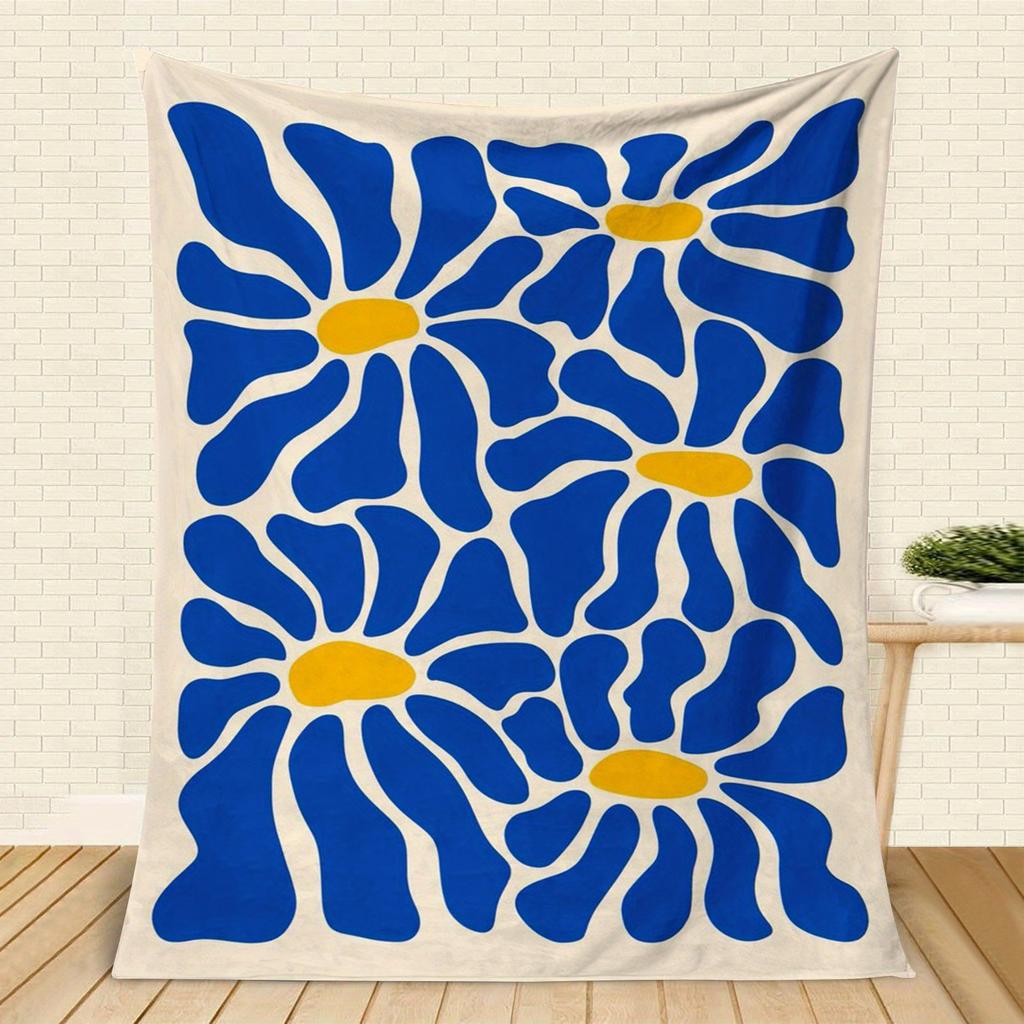 Large Retro Floral Flannel Blanket Blue Yellow Abstract Soft Cozy Washable SofaBeachCampingTravel Contemporary
