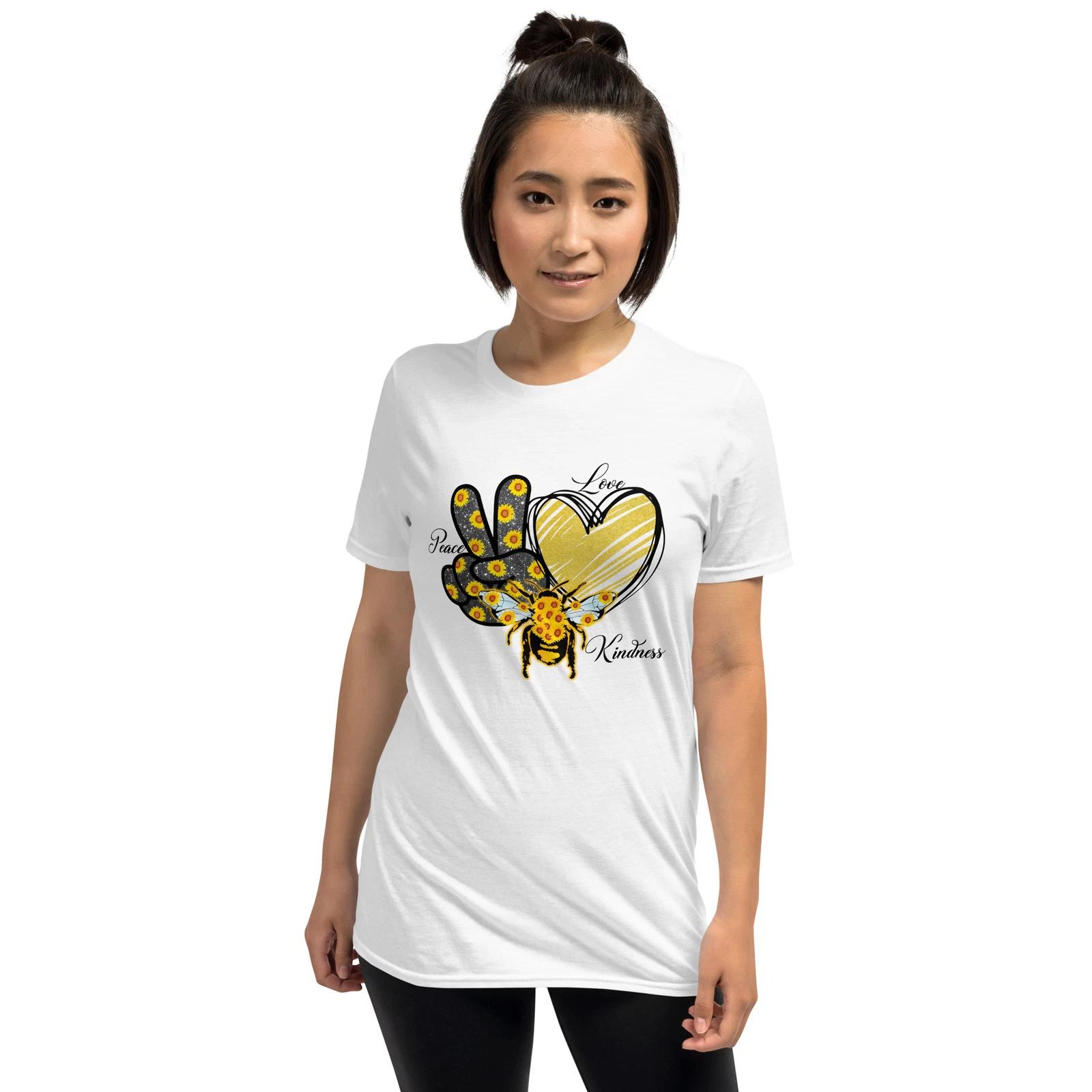 Sunflower Unisex T-Shirt, Peace Love Kindness Flower Heart Nature Garden Bee L