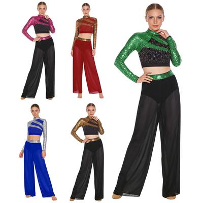 S-XXL Women Two-Piece Lyrical Dance Outfit Mock Neck Long Sleeve Cutout Back Sequins Rhinestones Crop Top with Side Split Sheer Chiffon Pants
