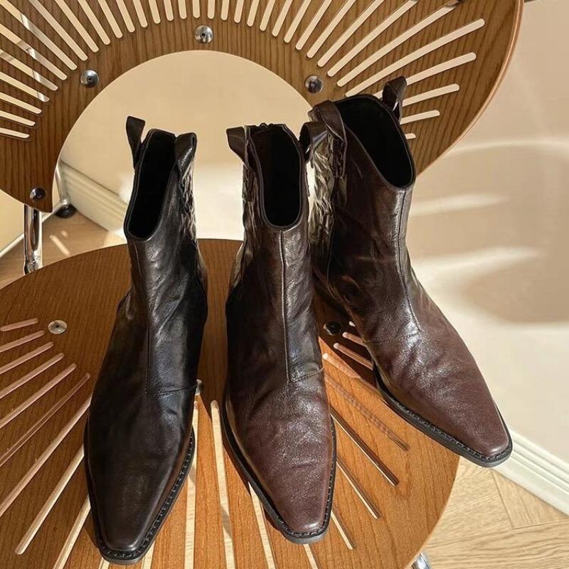 Western  Ankle Boots for Women PU Leather Pointed Toe Behind Retro Style Low Heel Women Boot Fashion Short Boots D181