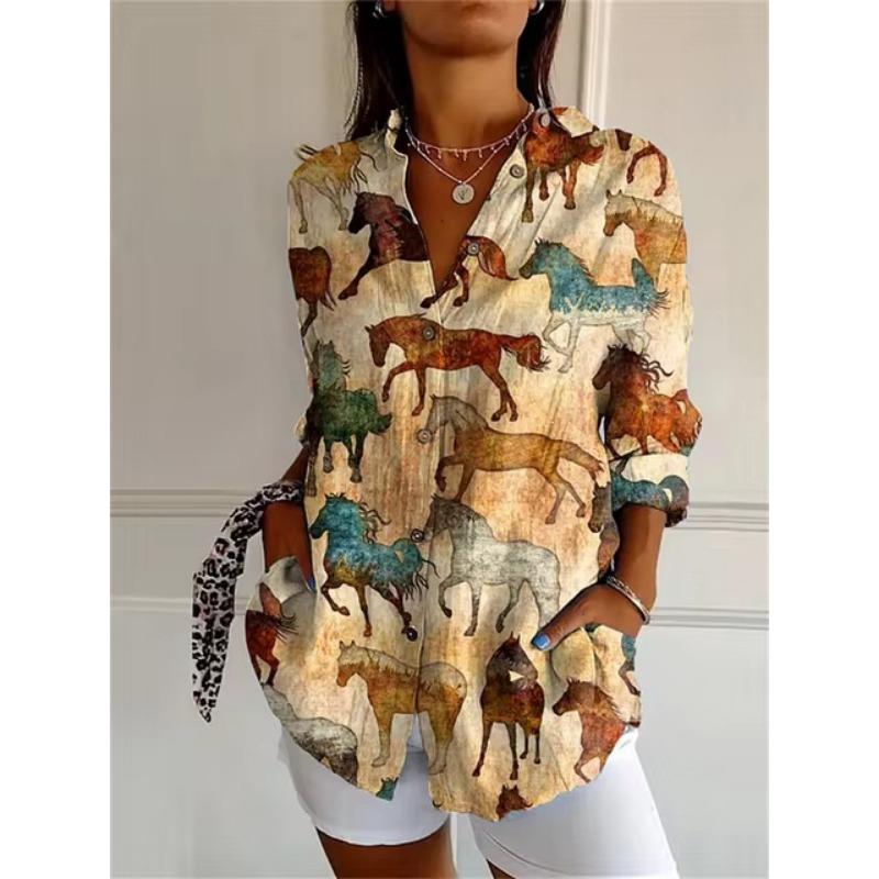Women 3d Printed Animal Casual Long Sleeve Hawaiian Shirt