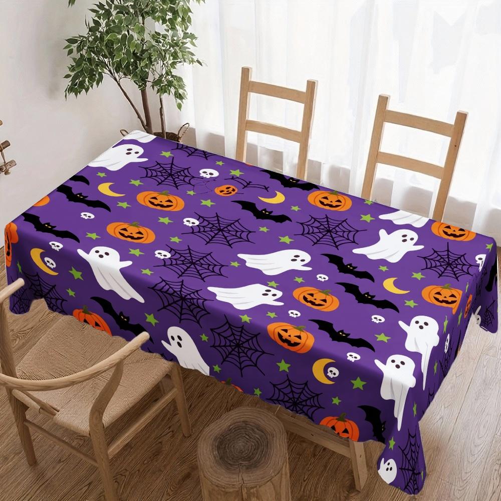 Halloween Rectangle Tablecloth Purple Ghost Pumpkin Spider Web Table Cloth Waterproof Table Cover Banquet Halloween Decoration