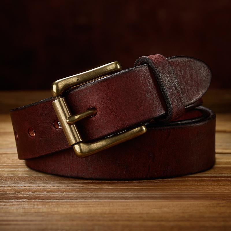 Retro Real Cowhide Belt Copper Buckle Men's Handmade First Layer Cowhide Belt Casual Jeans Belt
