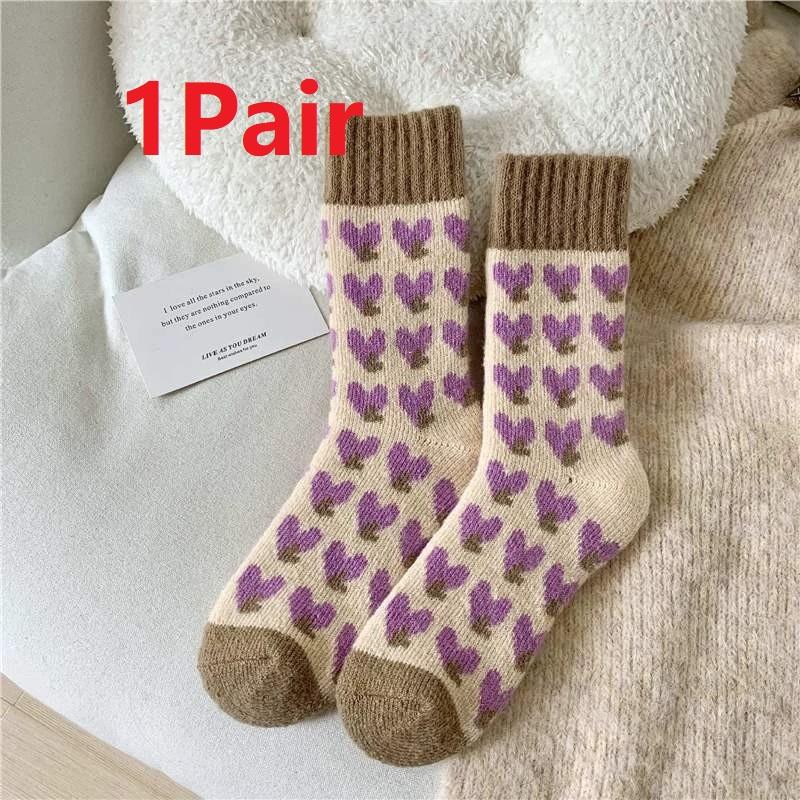 4 Pairs Women's Autumn Winter Mid-Length Socks Fashionable Versatile Purple Heart-Shaped Soft Warm Comfortable Casual Long Socks