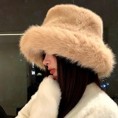 Mink Fur Fluffy Hat Ladies Big Head Circumference Woolen Hats Winter Faux Fur Warm Caps Women