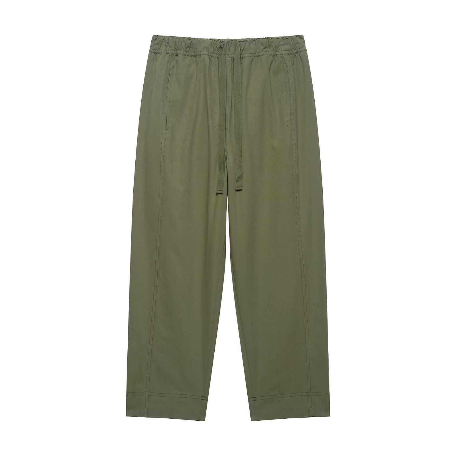 

Весна 2025 Женские брюки из хлопка в европейском и американском стиле с эластичной талией: Модный, Простой, Универсальный L зелёный