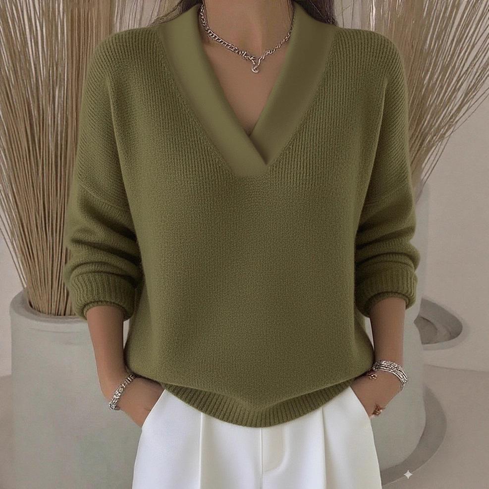 Maglione da Donna Morbido a Maglia con Scollo a V Colore Unico Vestibilità Larga Manica Lunga Pullover