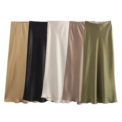 Damenmode Satin Solid Plissee Midirock Vintage Mittlere elastische Taille Weiblich Chic Dame Röcke Elegante A-Linie Slim Fit Damen Langer Rock 25954