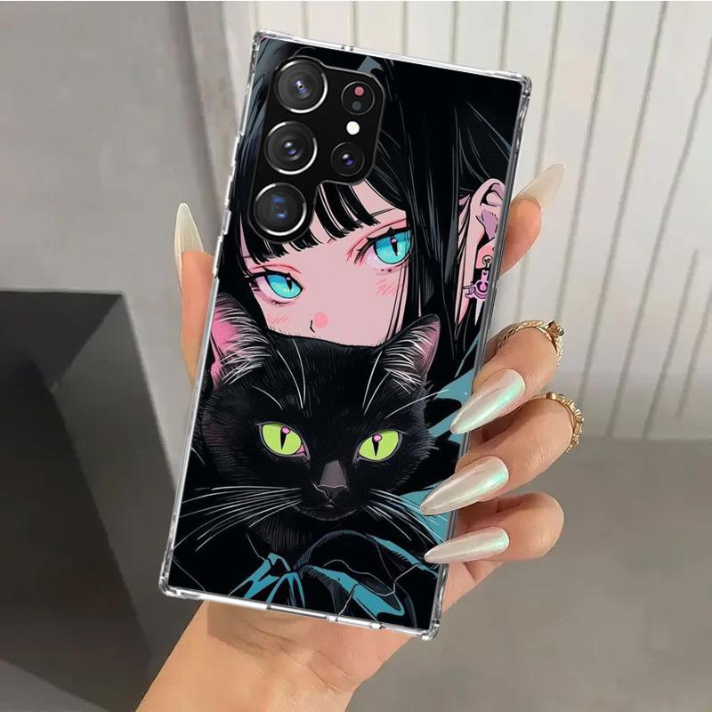 Anime Girls Cute Black Cat Phone Case for Samsung Galaxy S26 S24 S23 Ultra S25 Edge S22 S21 Plus S20 FE + Soft Print Shell Funda