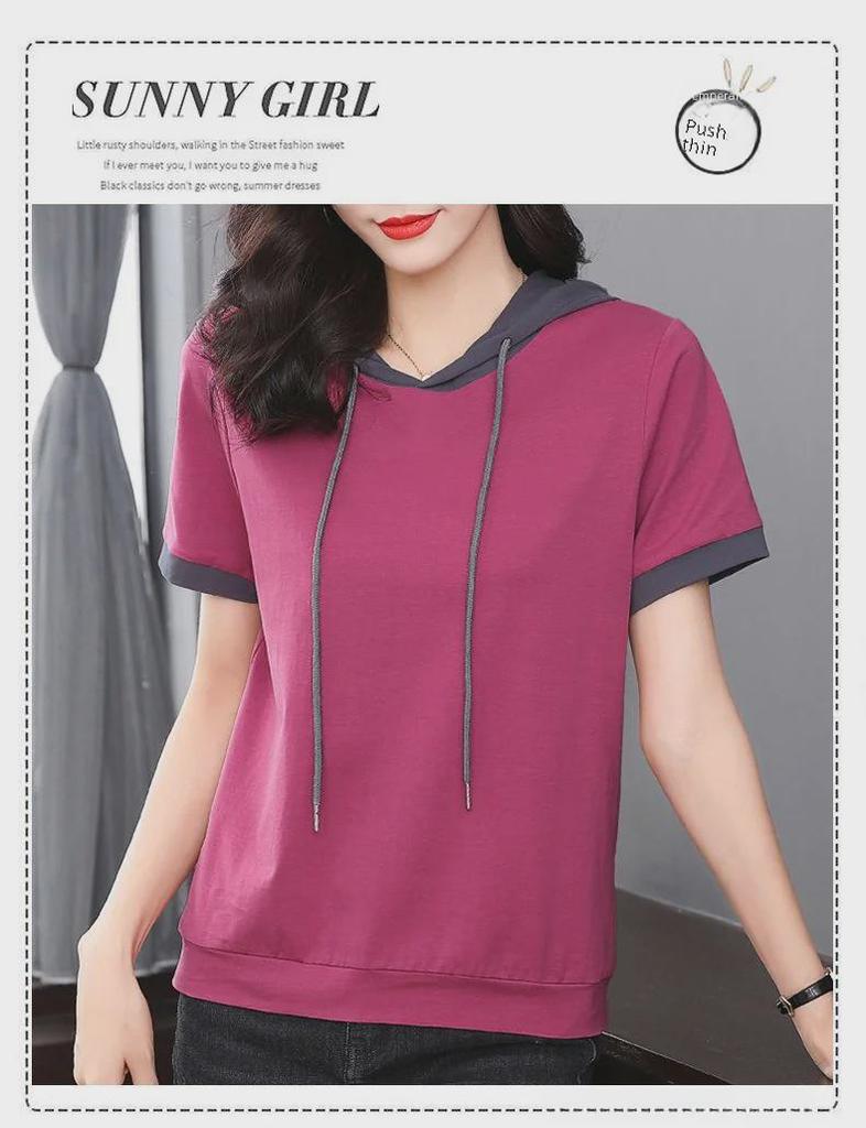 Dam Sommar 2024 Koreansk Bantande Lös Halvärmad Bomulls T-shirt med Huva