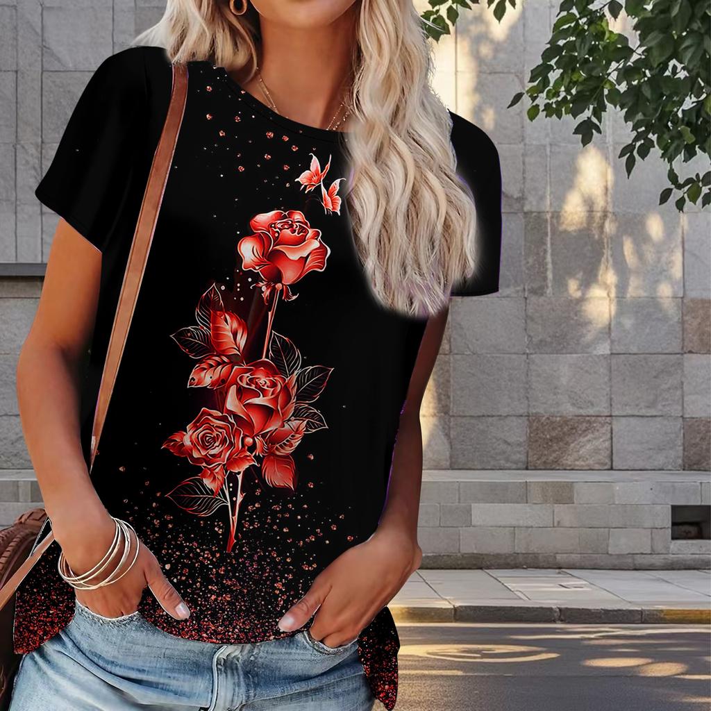 Damen Sommer T-Shirt Blumendruck Retro Mode Kurzarm T-Shirts Casual Printed Tops