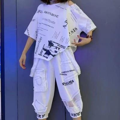 Summer Women's Fashion Loose Printed Letters Irregular Short-sleeved T-shirt Jeans Suit