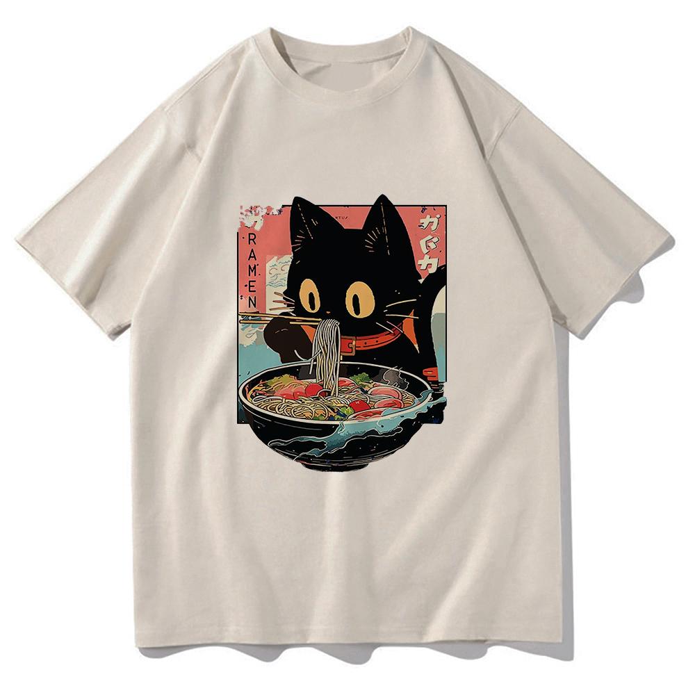 Summer Kawaii Cat Eating Ramen Noodles Anime Tshirt Men/women Clothing Harajuku Clothes Unisex Tops Tees Graphic T Shirts Summer