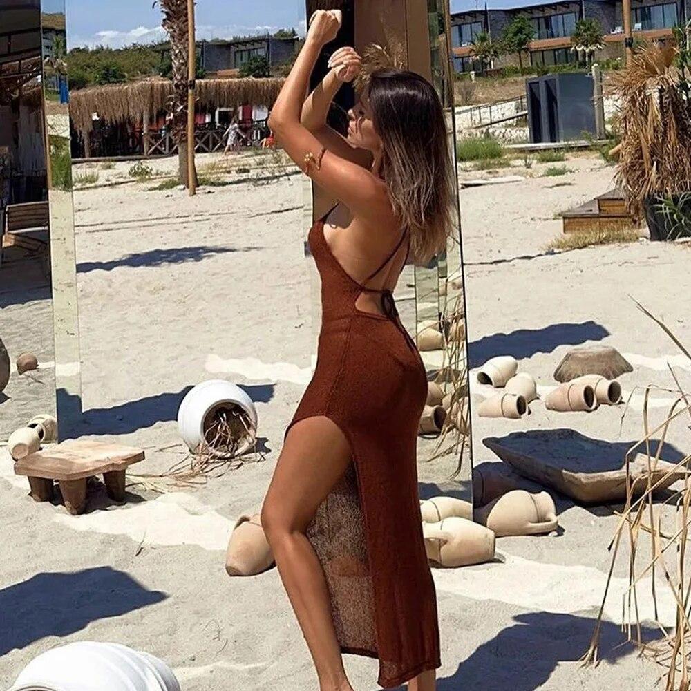 EDOLYNSA 2024 Kintted Cover Up Beach Sexy Halter Sleeveless See Through Maxi Slit Bodycon Summer Dress Bikinis Cover-ups Elegant Halter Beachdress