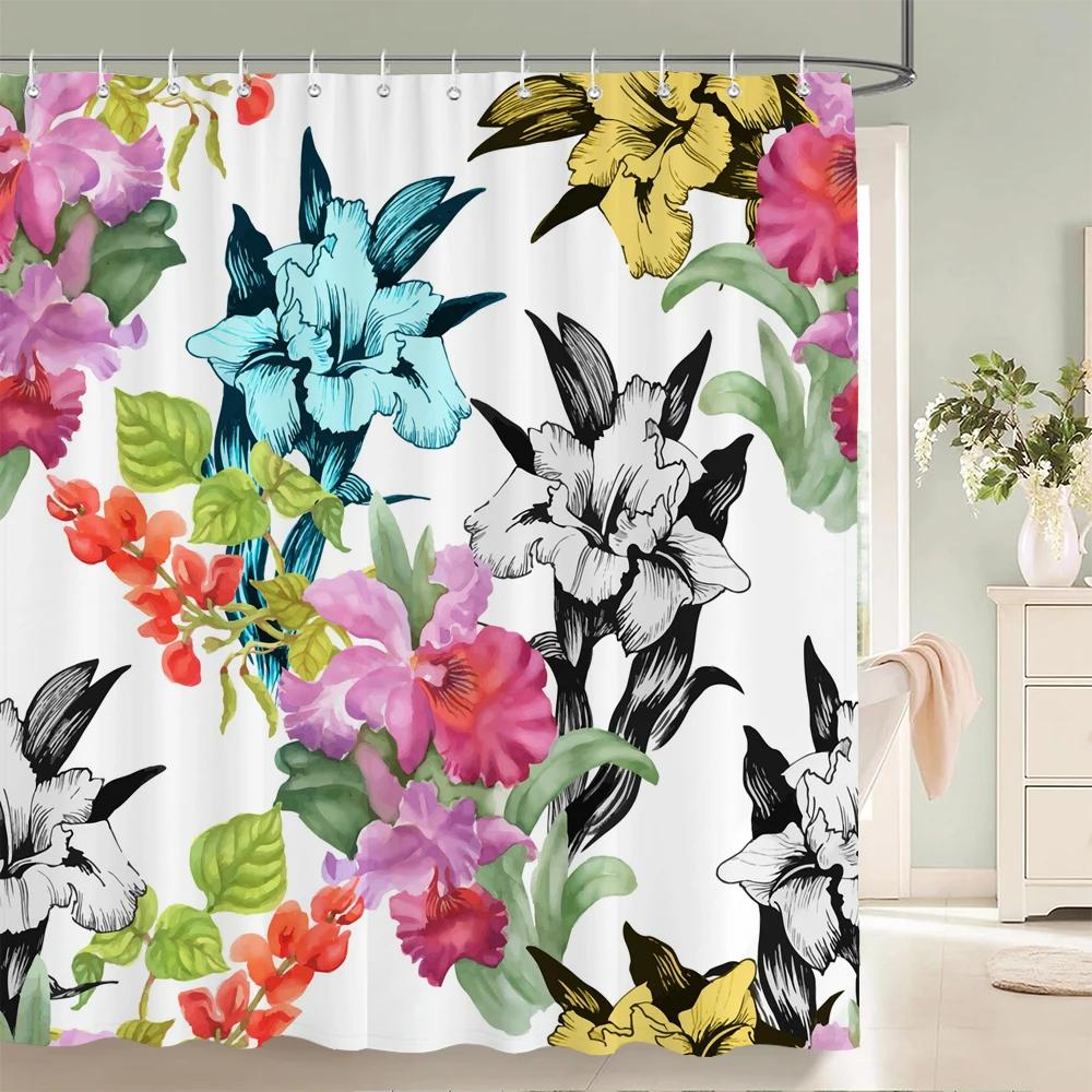 Red Flowers Shower Curtains Waterproof Fabric Floral Bath Curtains For Bathroom Bathtub Large Wide Bathing Cover With Hooks
