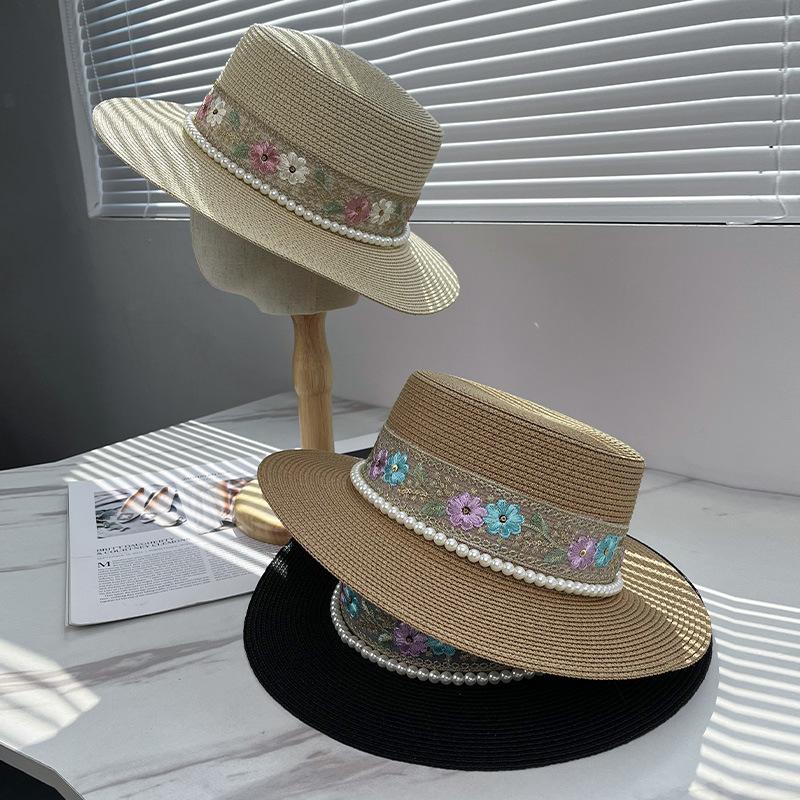 French elegance pearl flat top top hat women's spring summer vacation seaside sun hat straw hat flat edge hat