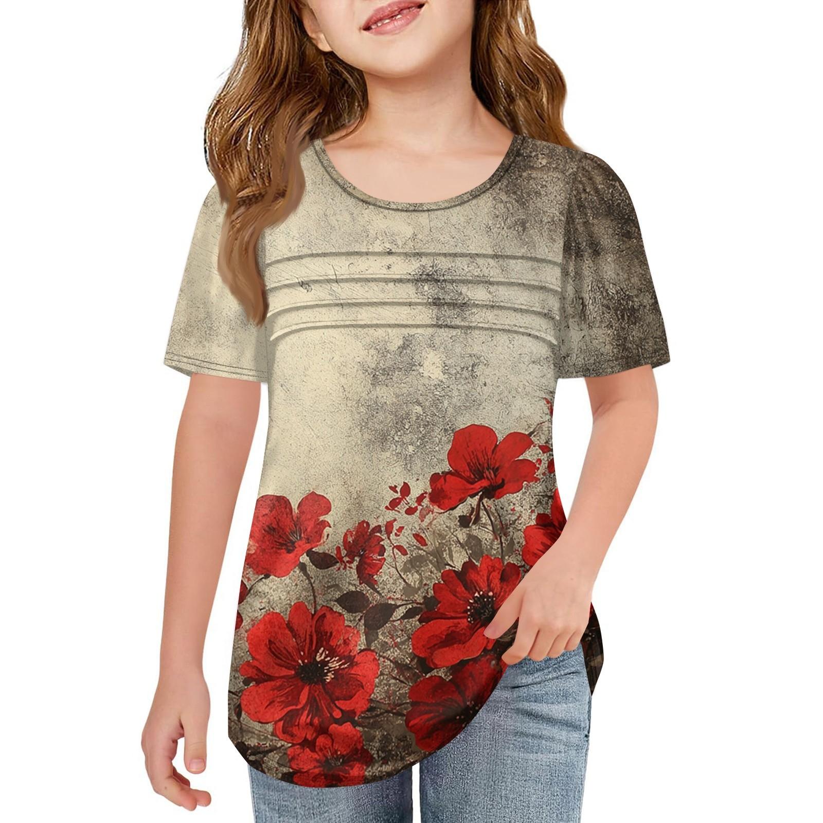 

Детские футболки-складки, летние футболки с короткими рукавами и круглым воротником, с принтом цветов, пальто для отдыха 160 хаки