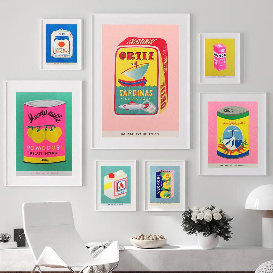 Japanese Pink Cherry Blossom Ink Canned Sardine Tomato Wall Art Painting Nordic Poster Packaged Print Pictures Living Room Decor