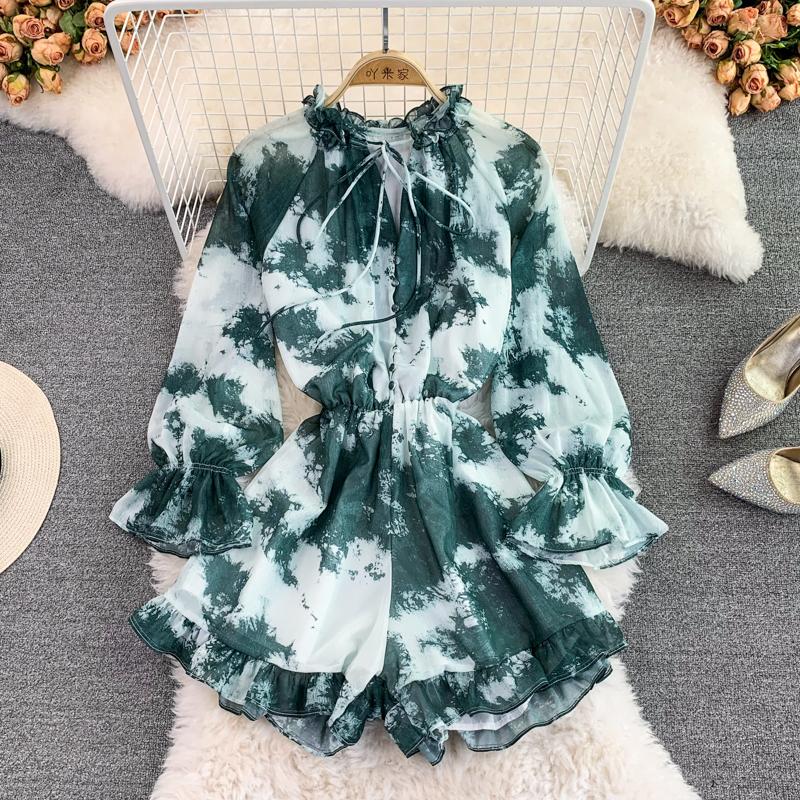 RUGOD French Gentle Temperament Print Waist Thin Round Neck Jumpsuit Fashion Tie-Dye Ruffle Wide Leg Jumpsuit