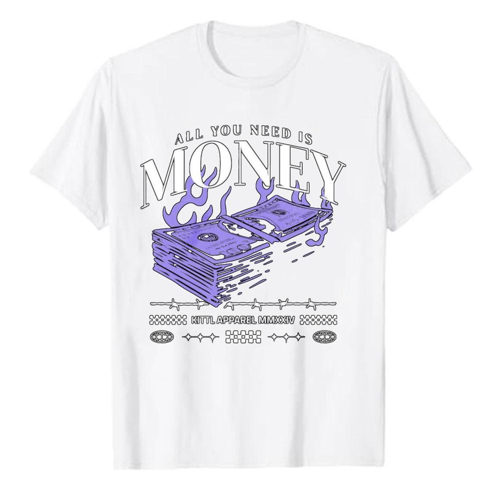 All You Need Is Money Purple Flame Stacked Dollar Bill Print Cotton Tshirt Retro Entrepreneur Casual Wealth Theme Party Gift Top