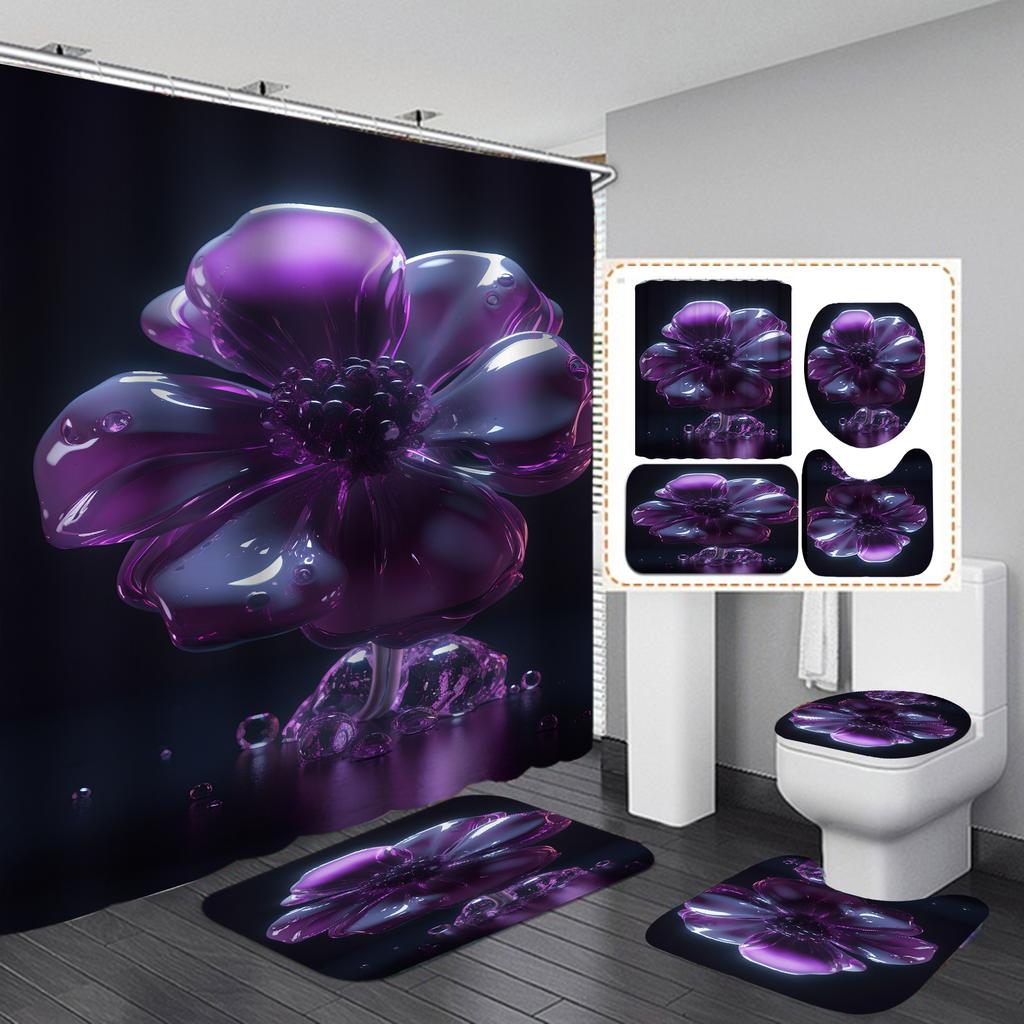 4Pcs Painted Floral Shower Curtain Set with Non-Slip Bath Mat, Toilet Lid Cover, Contour Rug & 12 Hooks, Bathroom Decor