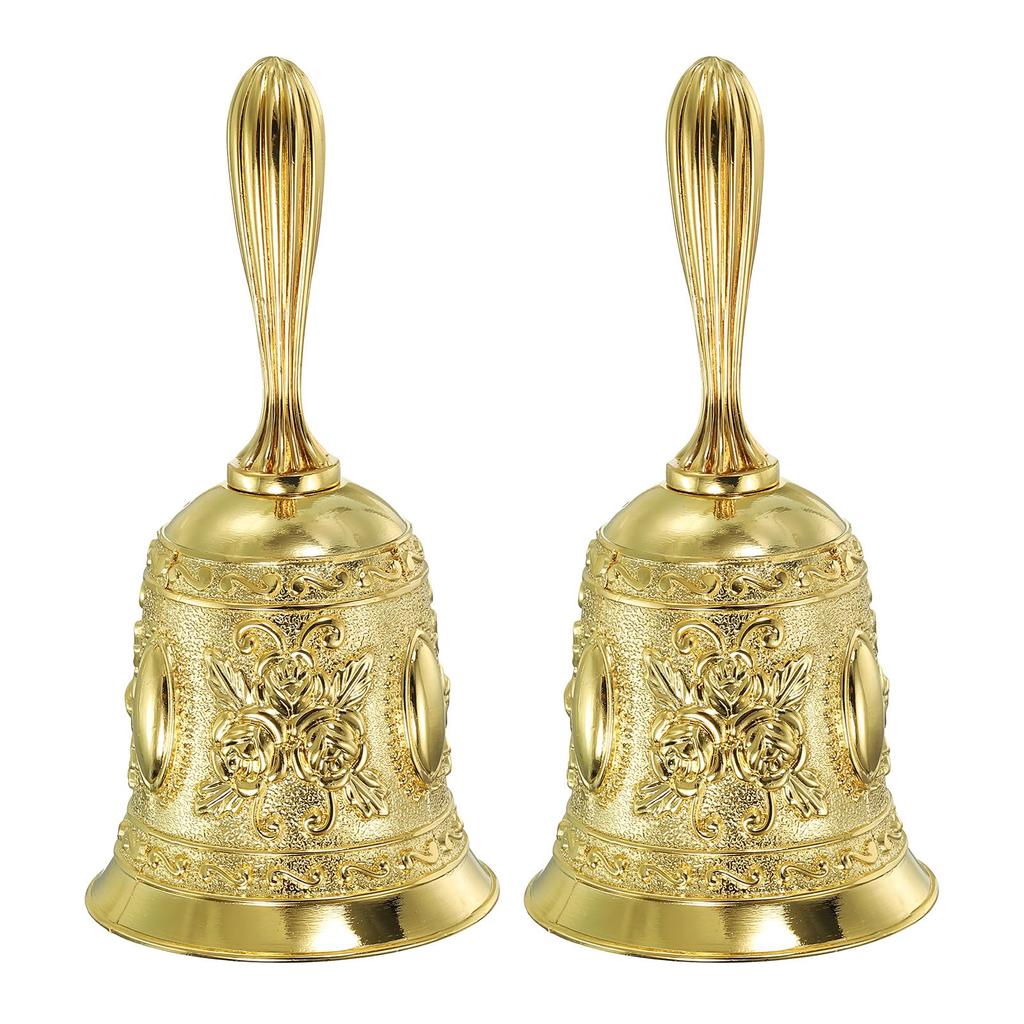 PATIKIL Set of 2 Dinner Bells, Antique Engraved Metal Hand Bells, for Dinner Service, Church, Weddings, and Christmas, Gold