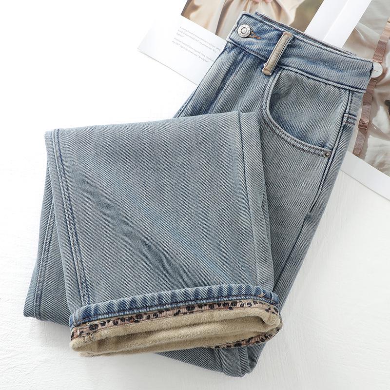 Light Blue Retro Wide-Leg Fleece-Lined Women's Jeans 2024 - Thick Winter Straight-Leg Casual Pants
