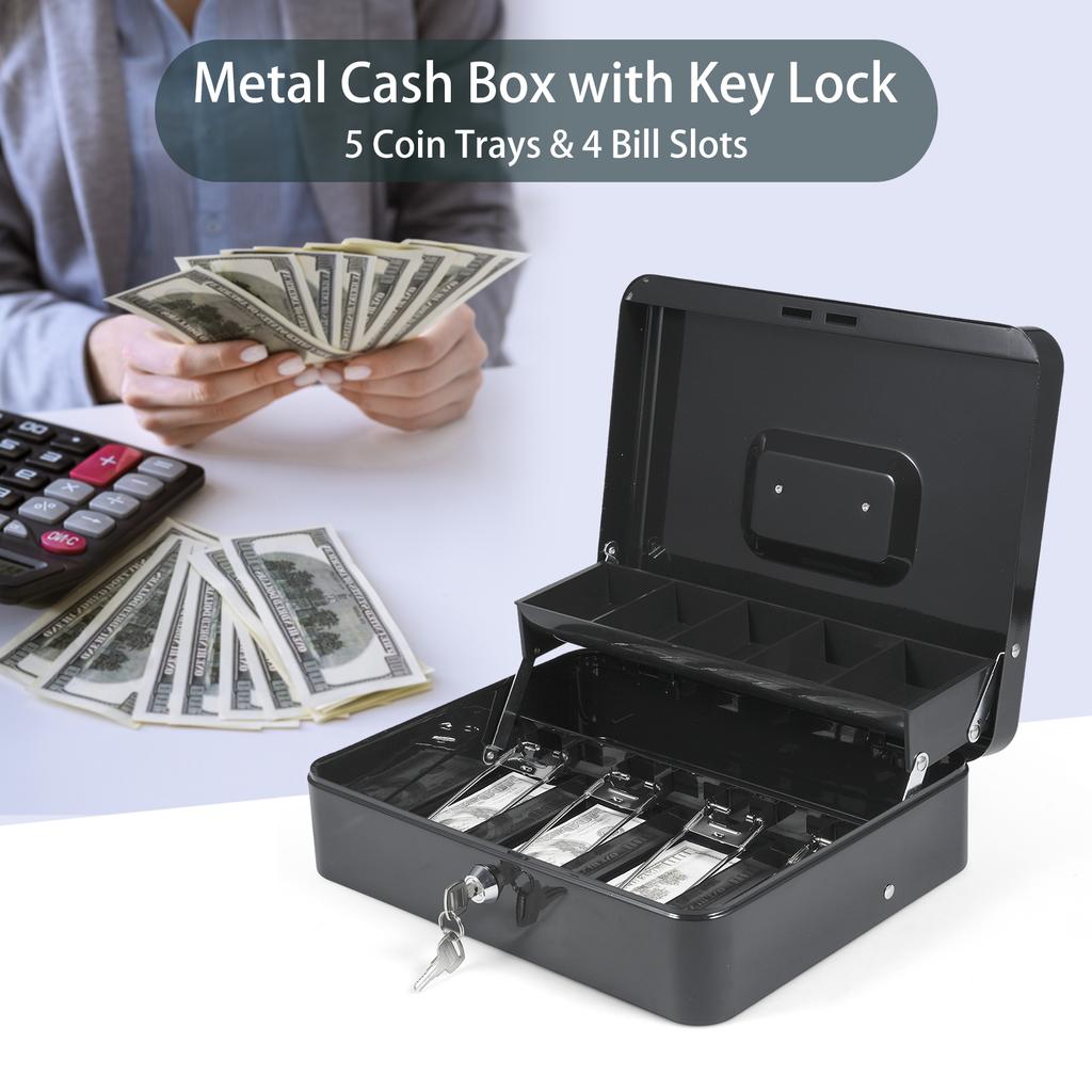 Cash Box Metal Money Box with 5 Coin Trays Cantilever Design & 4 Bill Slot with Spring Clips To Organize and 2 Keys