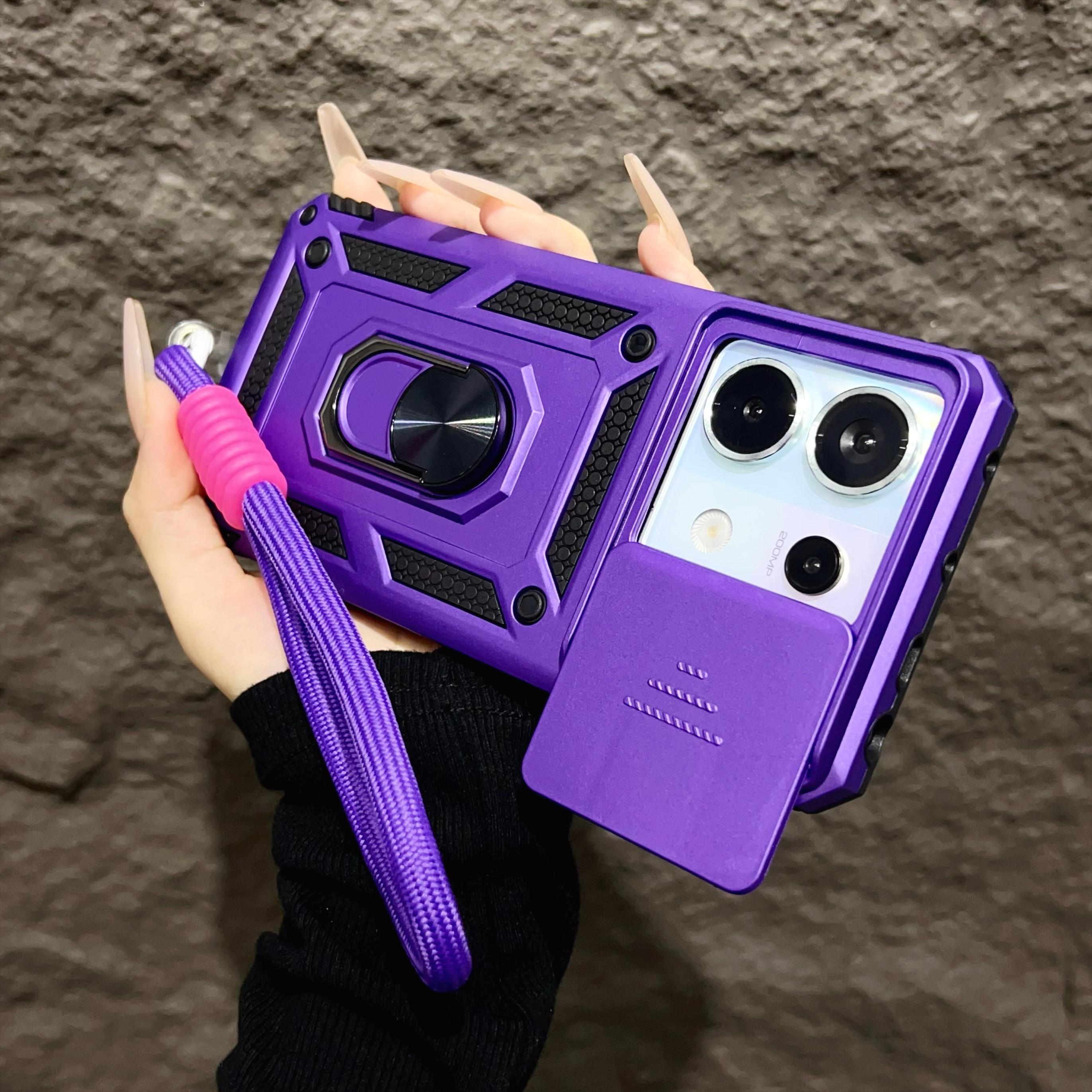 

For Xiaomi 14T Pro Case Car Magnetic Ring Stand With Lanyard Slide Camera Protection Armor Shockproof Cover for Redmi 14C 13C For Redmi 13C 4G&Case & Strap срібний