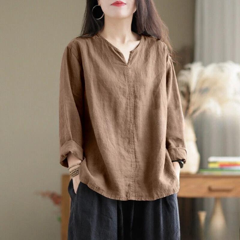 TIFICY Damenmode, lässig, Frühling und Herbst, einfarbig, langärmelig, V-Ausschnitt, Blusen und Hemden