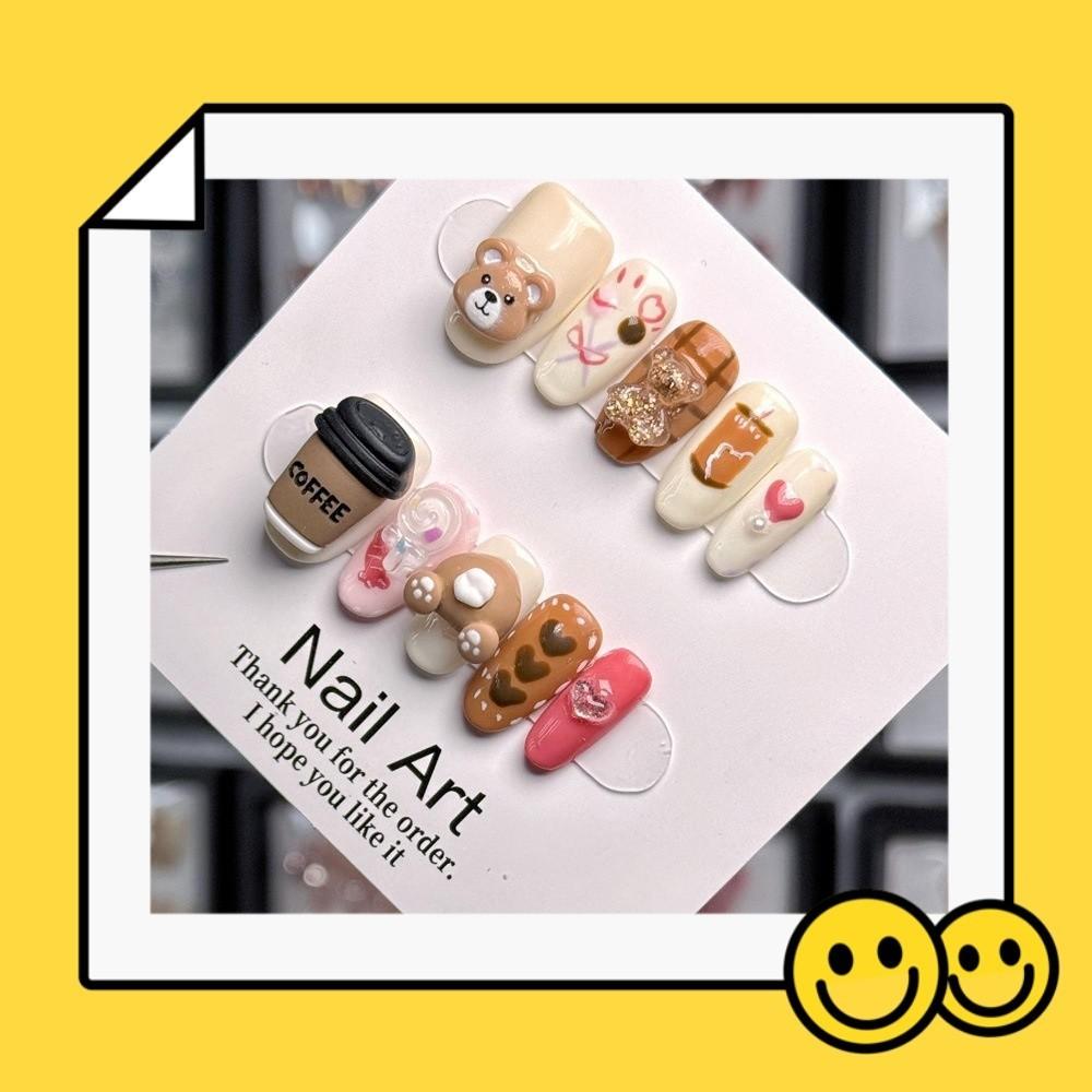 Coffee Bear Cartoon Cup Handmade Wearable Nail Piece Gentle Childrens Pattern