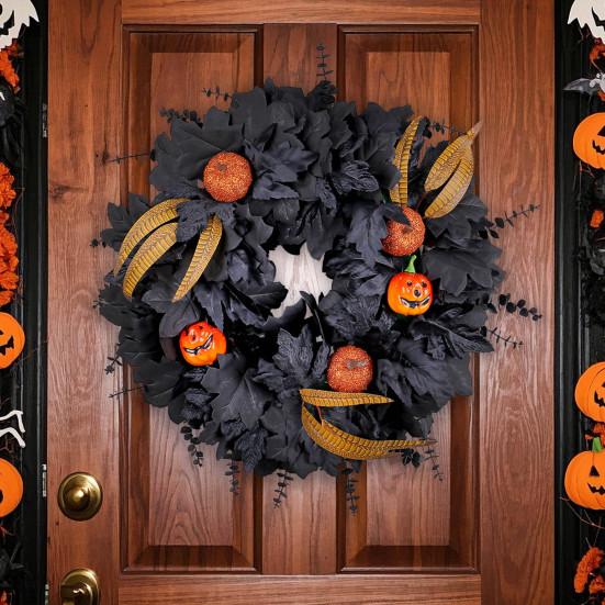 20 Inches Halloween Wreath for Front Door Black Eucalyptus Wreath with Artificial Pumpkin Feather for Indoor Outdoor Wall Window Porch Patio Decor