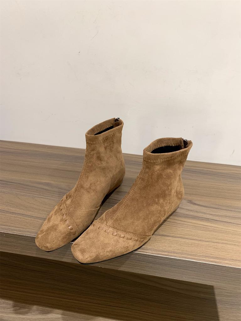 Coarse Heel Suede Splicing Brown Square Head Martin Boots Women's Boots 2025 Autumn and Winter French Small Nude Boots Skinny Short Boots