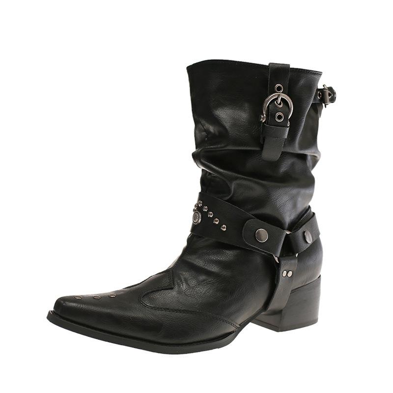 

2025 супер огонь короткие ботинки острый носок толстый каблук весна заклепки наслоение ботинки V-образный вырез западный ковбой Мартин ботинки женские британский стиль 42 чёрный