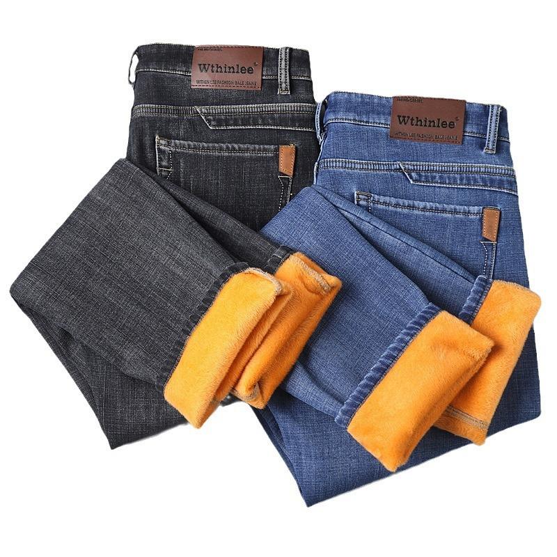 Men's Fleece-Lined Winter Denim Trousers Business-Style Relaxed Straight-Leg Warm-Weather Oversized Casual Long Trousers