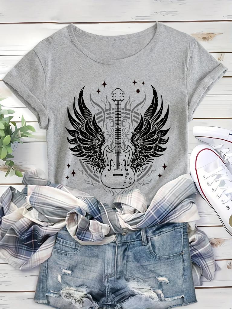 Unisex Guitar Wings  Print Sports T-Shirt Round Neck Short Sleeve Workout Shirts Sportswear for Women Harajuku Goth Tops