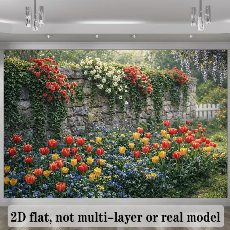 2D Lente Bloementuin Achtergrond, Rustieke Stenen Muur Tulp Foto Banner Decor