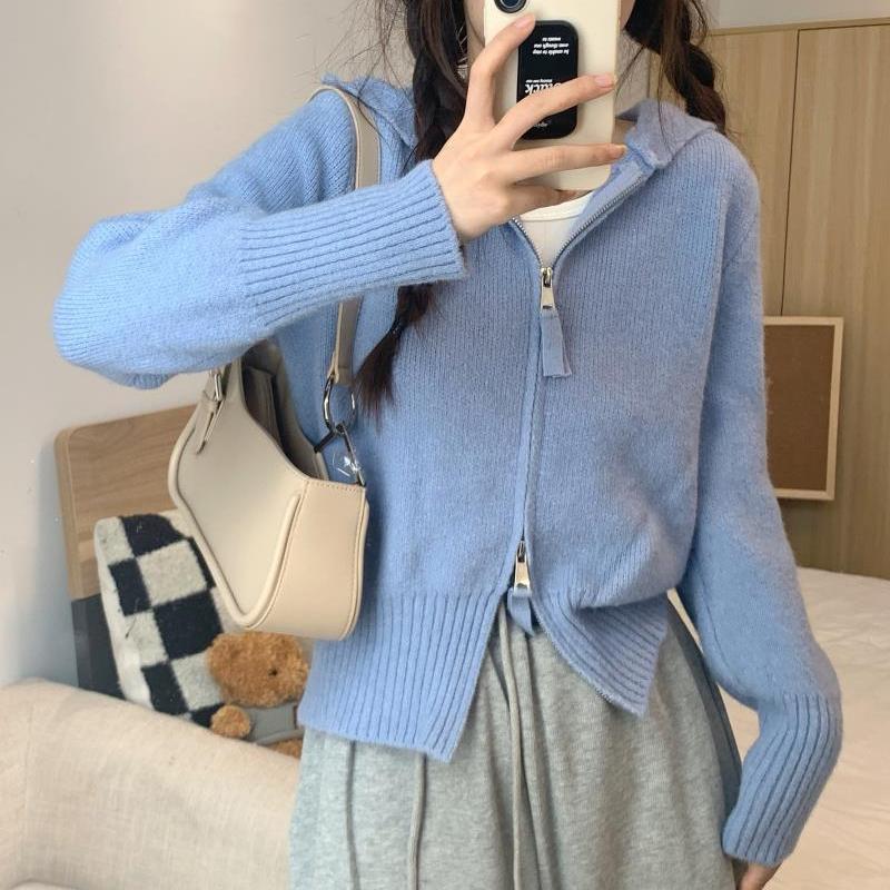 Pure Desire Wind Grey Zipper Shoulder Hooded Knitted Cardigan Women's Autumn Short Sweater Top Sweater Coat