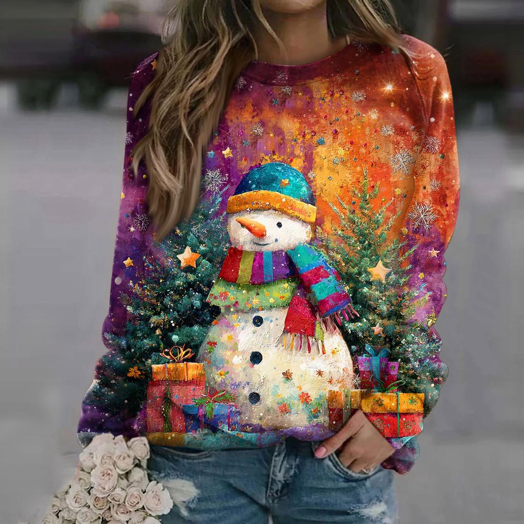 Women's Fashion Casual Long Sleeve Christmas Printed Neck Sweatshirt Top
